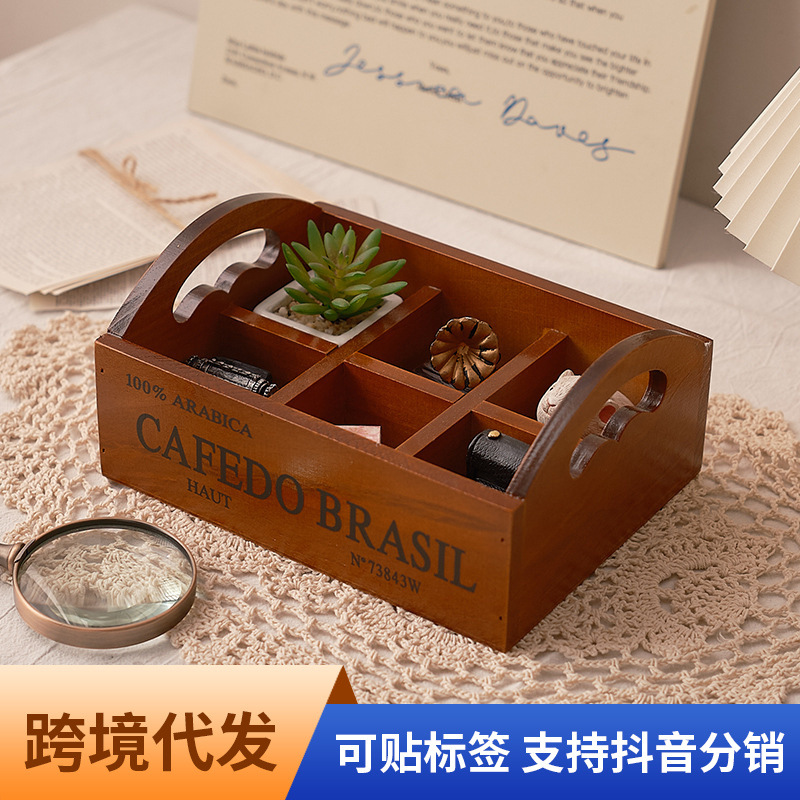 Storage & Organization - Zakka retro ahşap taşınabilir altı bölmeli