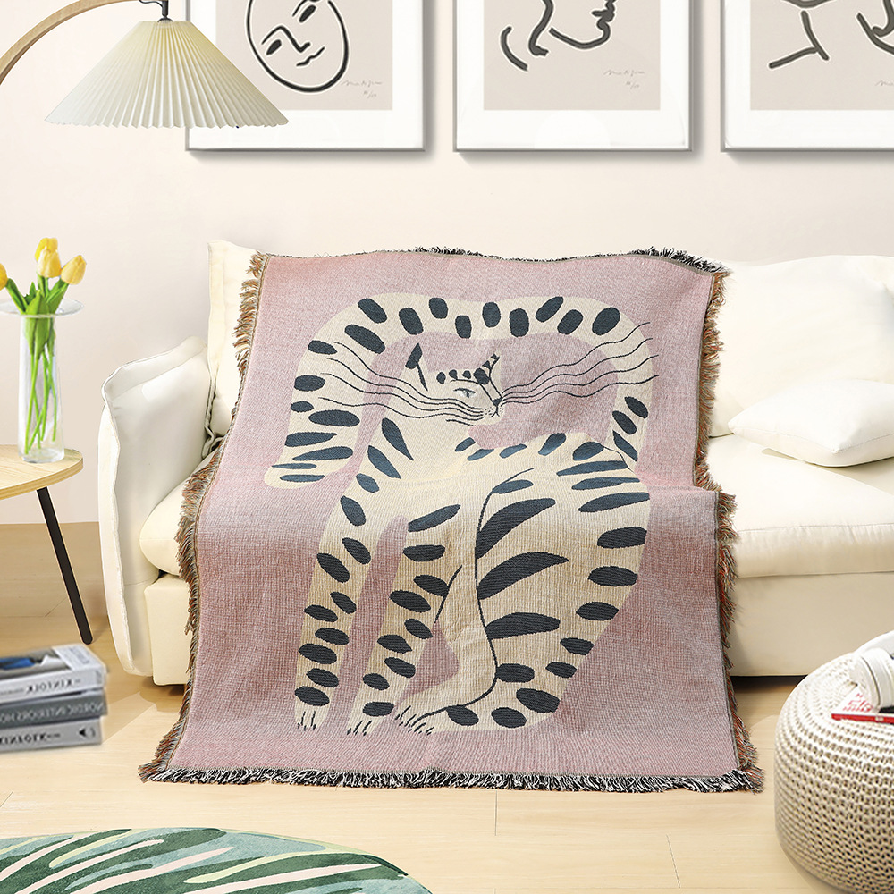 Boho Throw Blanket Fringe - Boho Soyut Kedi Jakarlı Örtü Battaniyesi